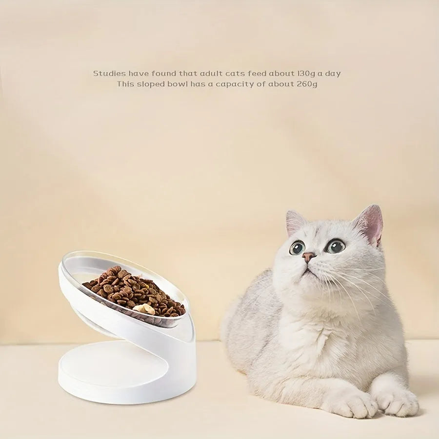 White elevated cat food bowl with ergonomic tilt design for neck protection