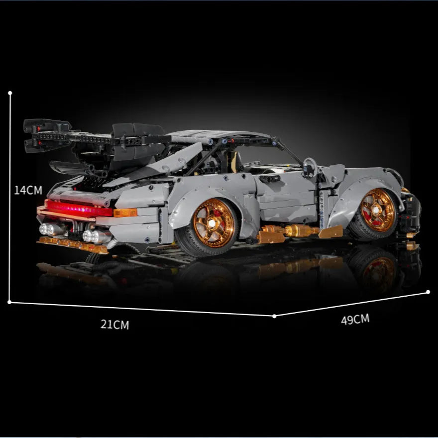 Cement gray sports car assembled building block toy model of a lying Porsche on a flat surface