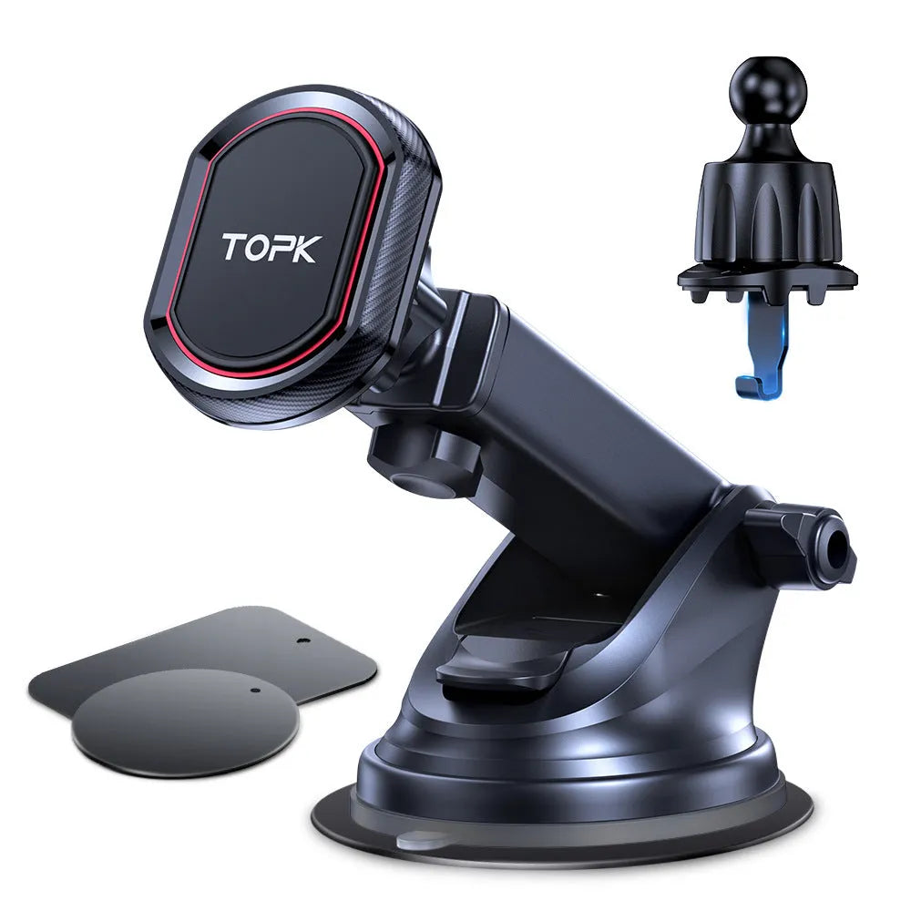 Magnetic car phone holder with suction cup mounted on car windscreen holding a smartphone