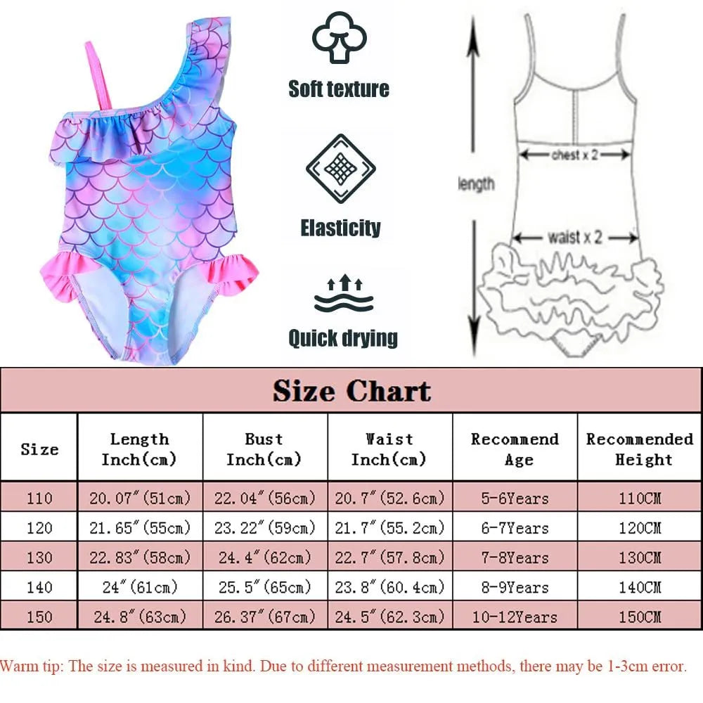 Girls' one-piece swimsuit with scale print and flounced gradient hem in nylon fabric