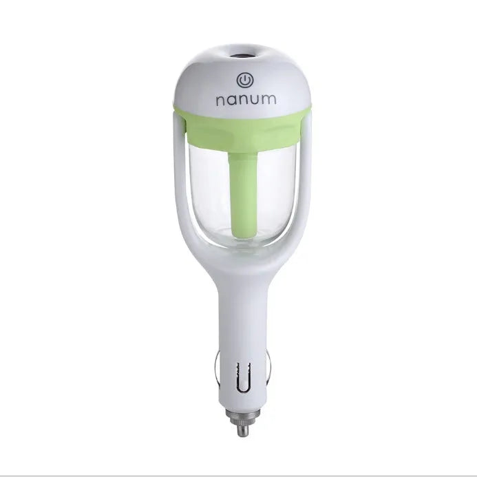 Compact portable car humidifier and essential oil diffuser unit in blue, green, pink, or purple.