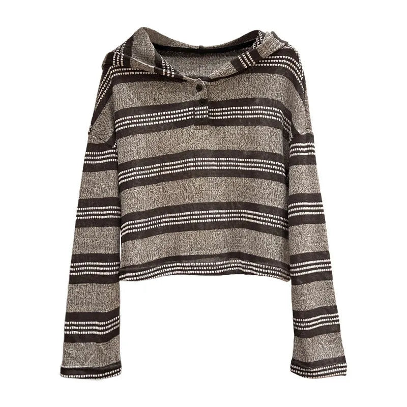 Women's striped button hooded knitwear in dark coffee, loose fit, long sleeves, short 40cm knitted pullover top