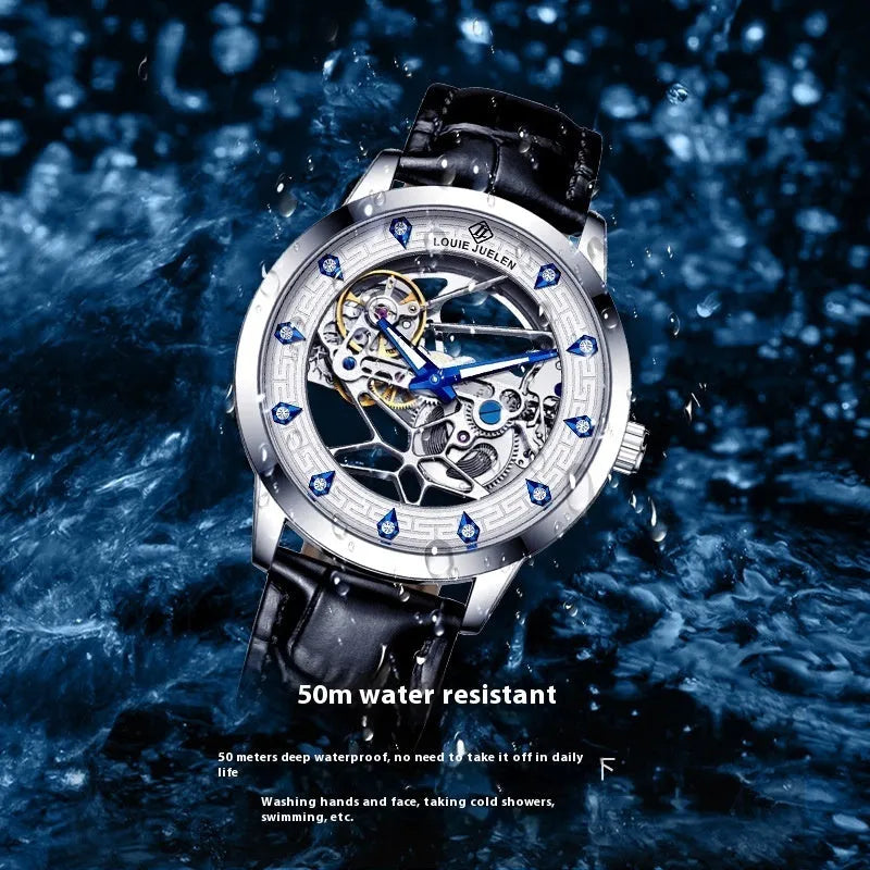 Men's silver case mechanical watch with white dial, blue luminous hands, black genuine leather strap, and waterproof design