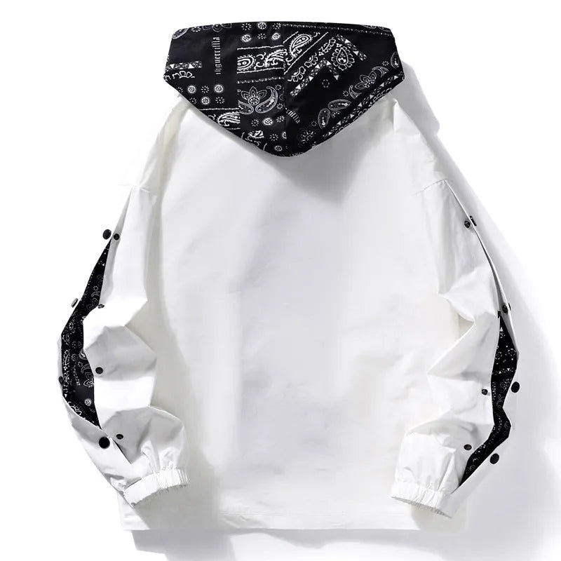 Men's loose-fit hooded jacket with paisley print, side pockets, in black or white from M to XXXXL