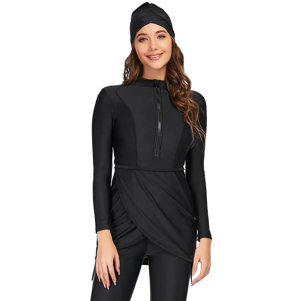 Black conservative Muslim swimsuit for ladies with full-coverage design and quick-drying fabric