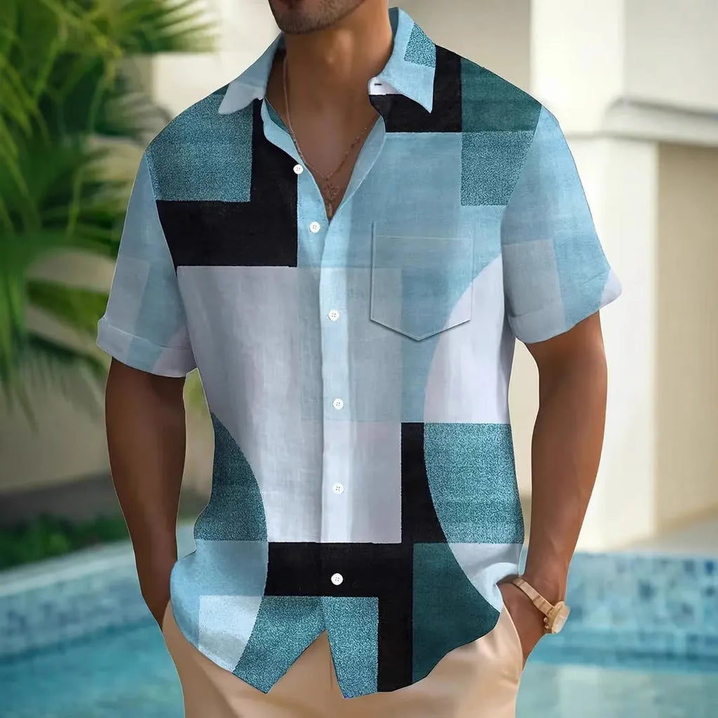 Men's loose cardigan shirt with retro geometric contrast colour 3D print on elastic polyester fabric