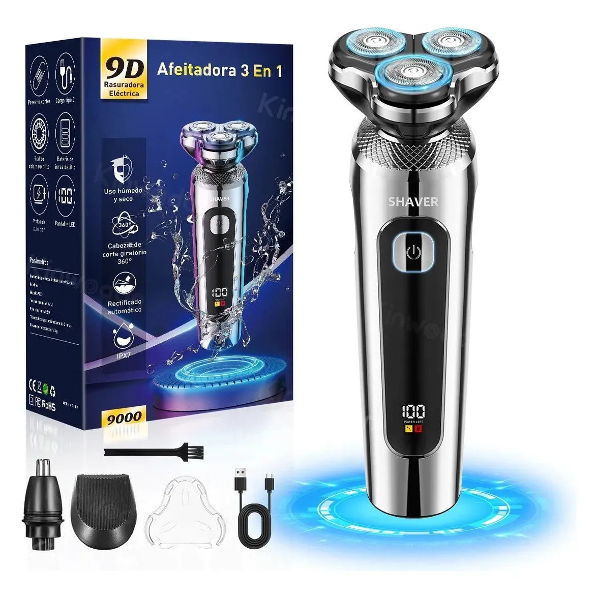 Black USB rechargeable beard trimmer with LED display on a digital display base.