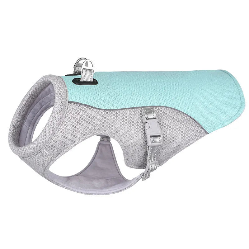 Orange dog cooling vest with layered evaporation system for summer heat protection during outdoor walks