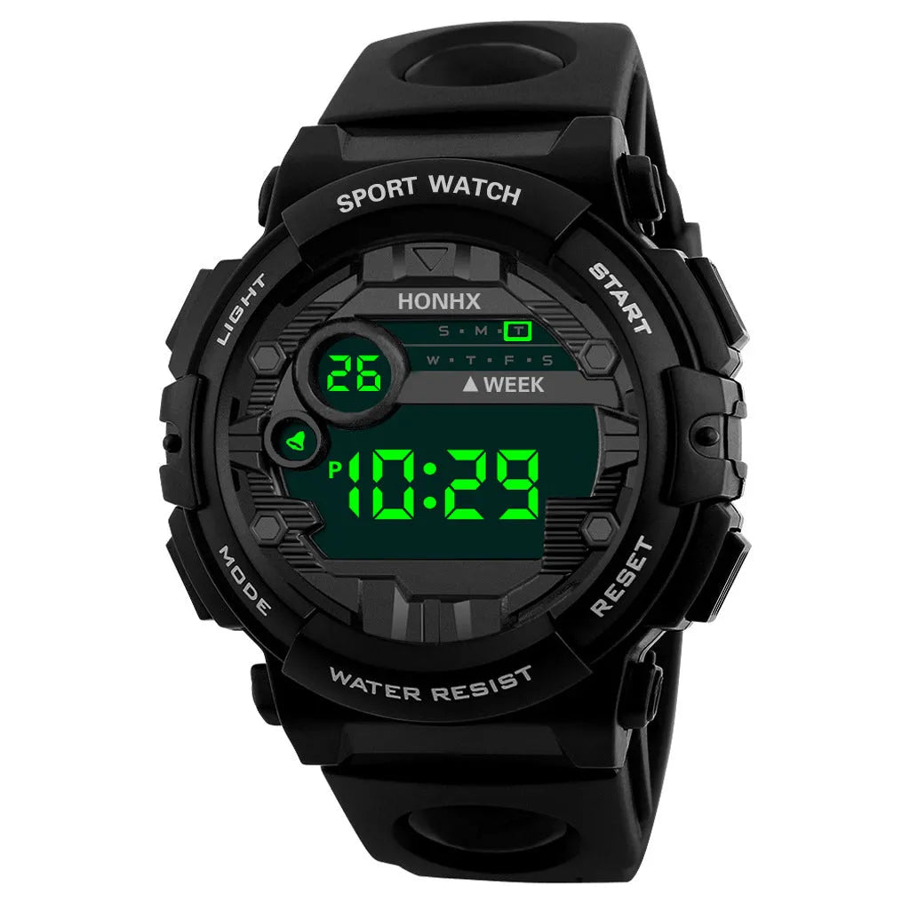 Digital watch with calendar alarm stopwatch LED display round resin case 43mm PU strap black blue red