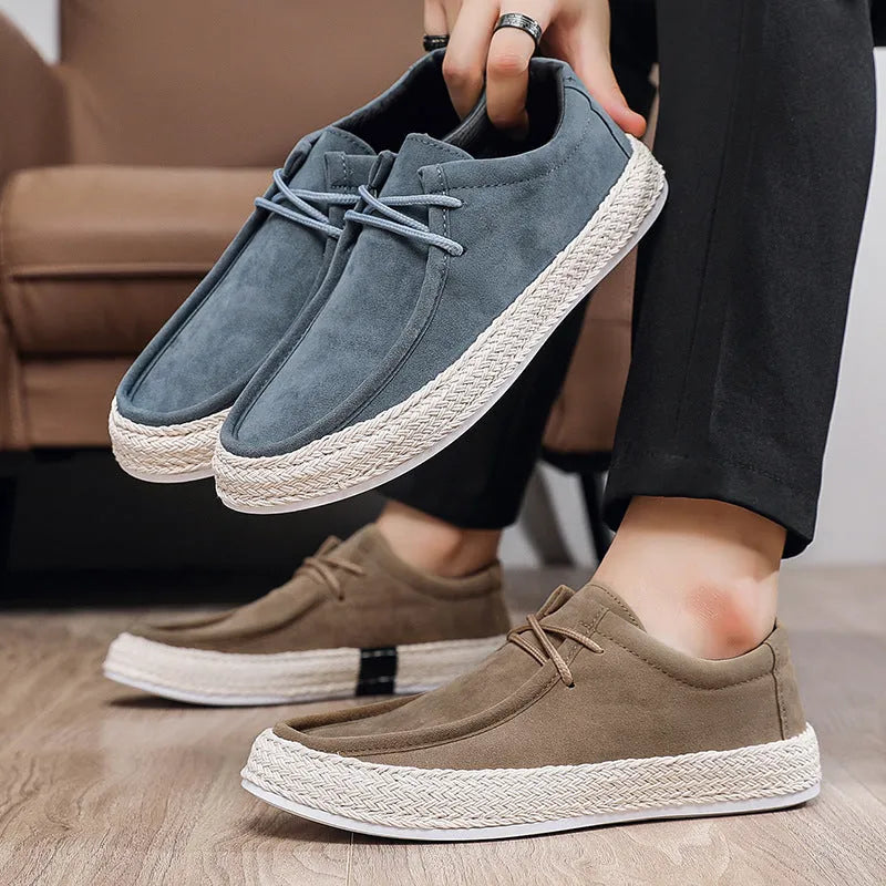Men's handmade cloth low-top casual pumps in solid colour with round toe and flat heel