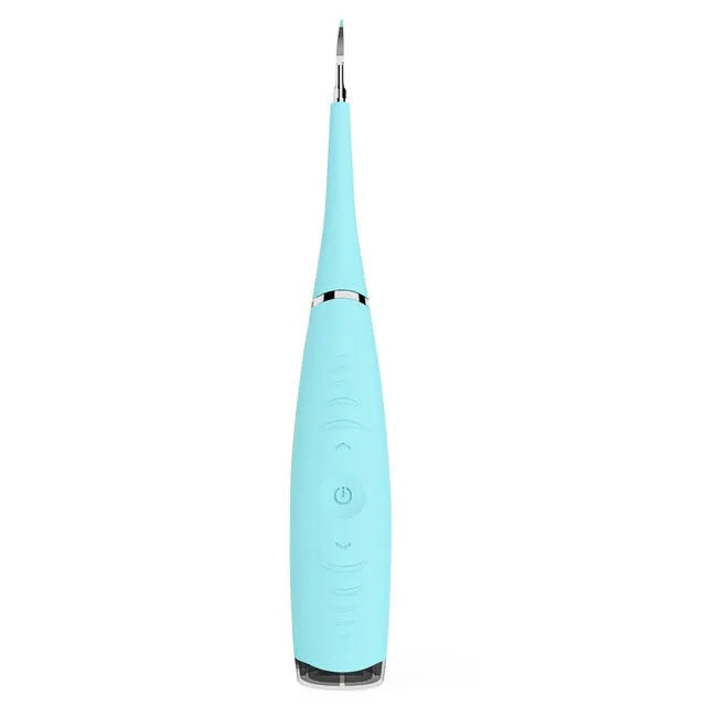Pink and blue waterproof electric dental scaler with silicone handle and charging cable on a bathroom counter.
