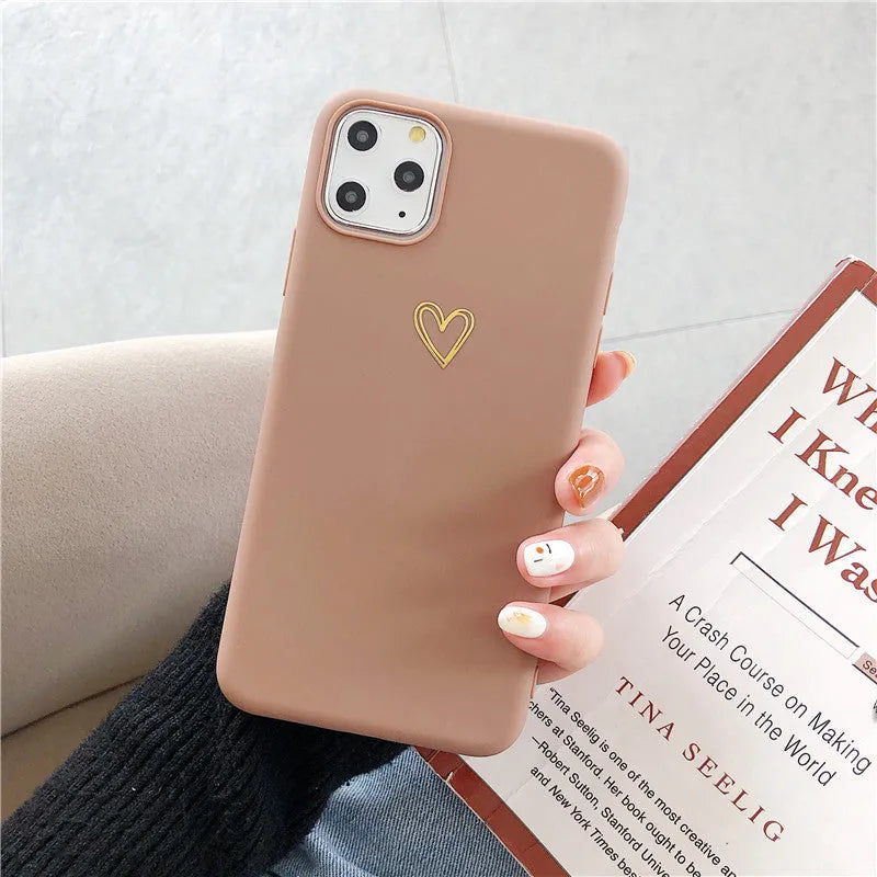 Hand painted love phone case in brown TPU matte feel with side lanyard holes and bronzing detail