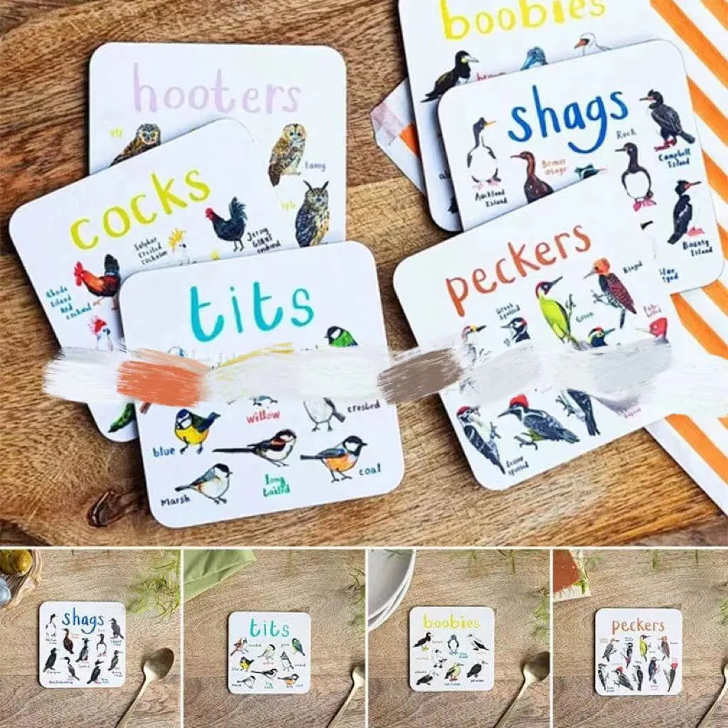 Set of 6 square bird pun coasters with PVC material, each featuring a different bird chart, 10x10x0.35 cm