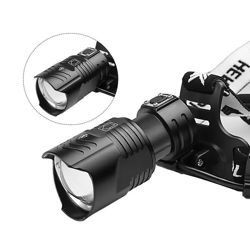 Black aluminium alloy USB rechargeable headlamp with telescopic zoom lens and head strap.