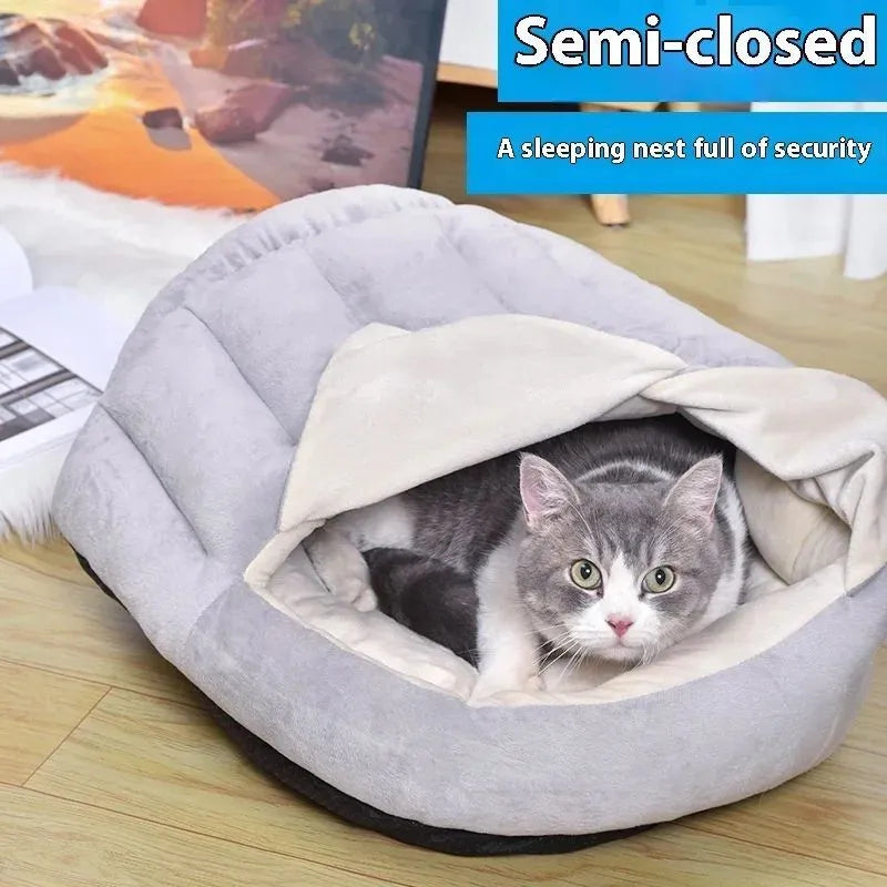 Grey semi-closed curtain cat nest, 50x40cm, short plush and PP cotton, indoor winter pet bed