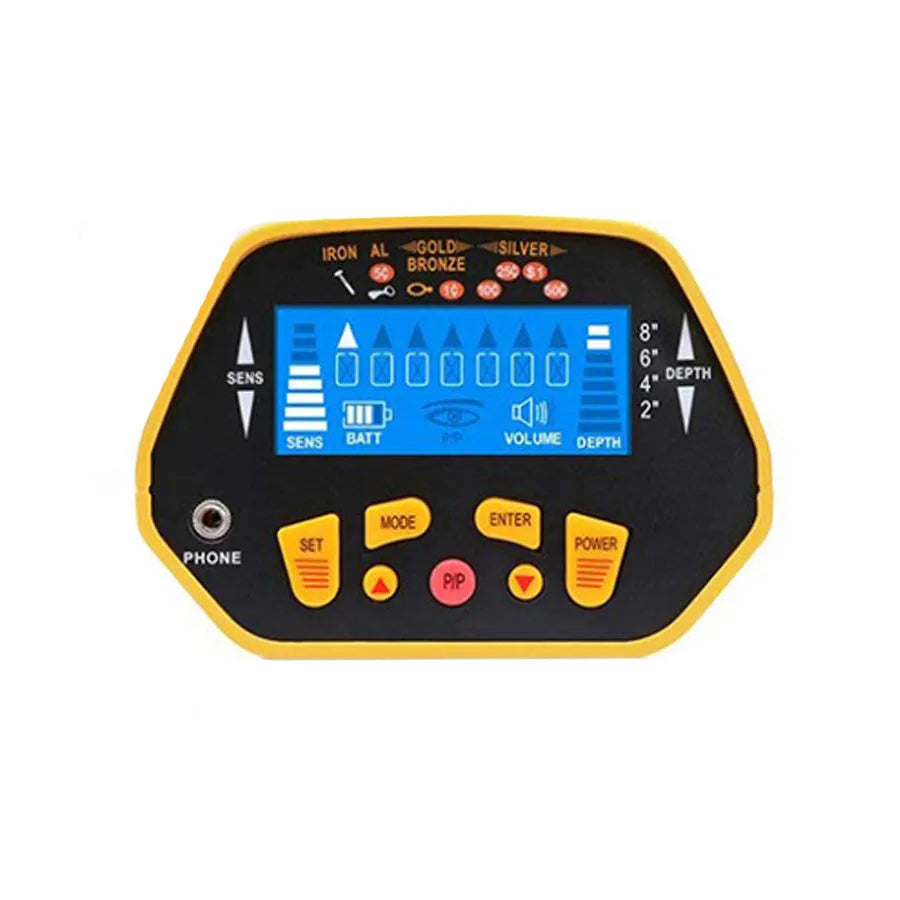 GC1028 black and yellow metal detector with LCD screen and adjustable shaft on grass.
