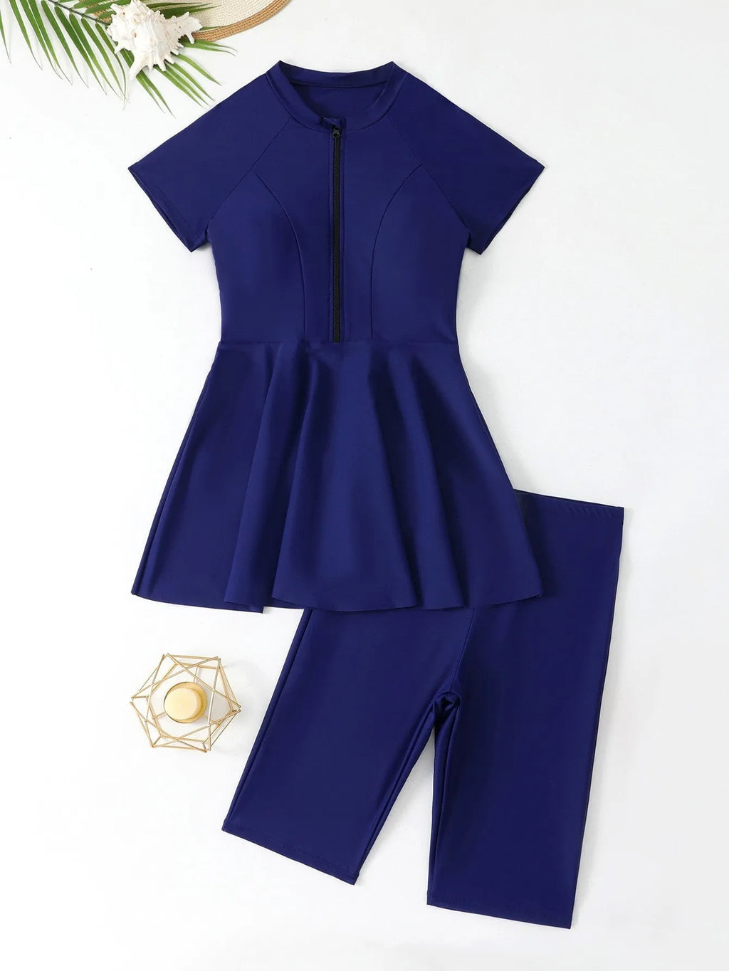 Women's black split two-piece swimsuit with short sleeves, shorts, and zipper front for sun protection.