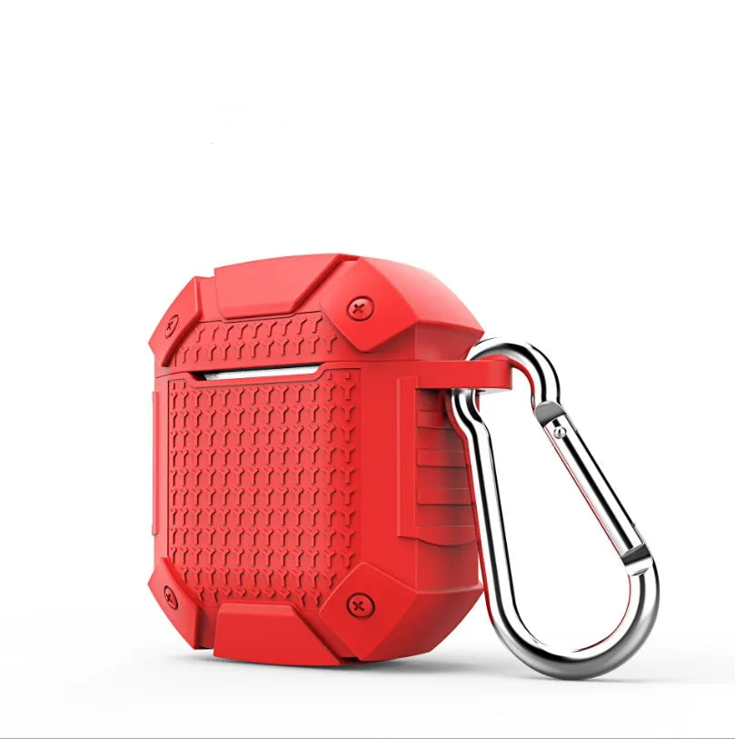 Silicone protective case for AirPods in black, red, blue, and royal blue colours.