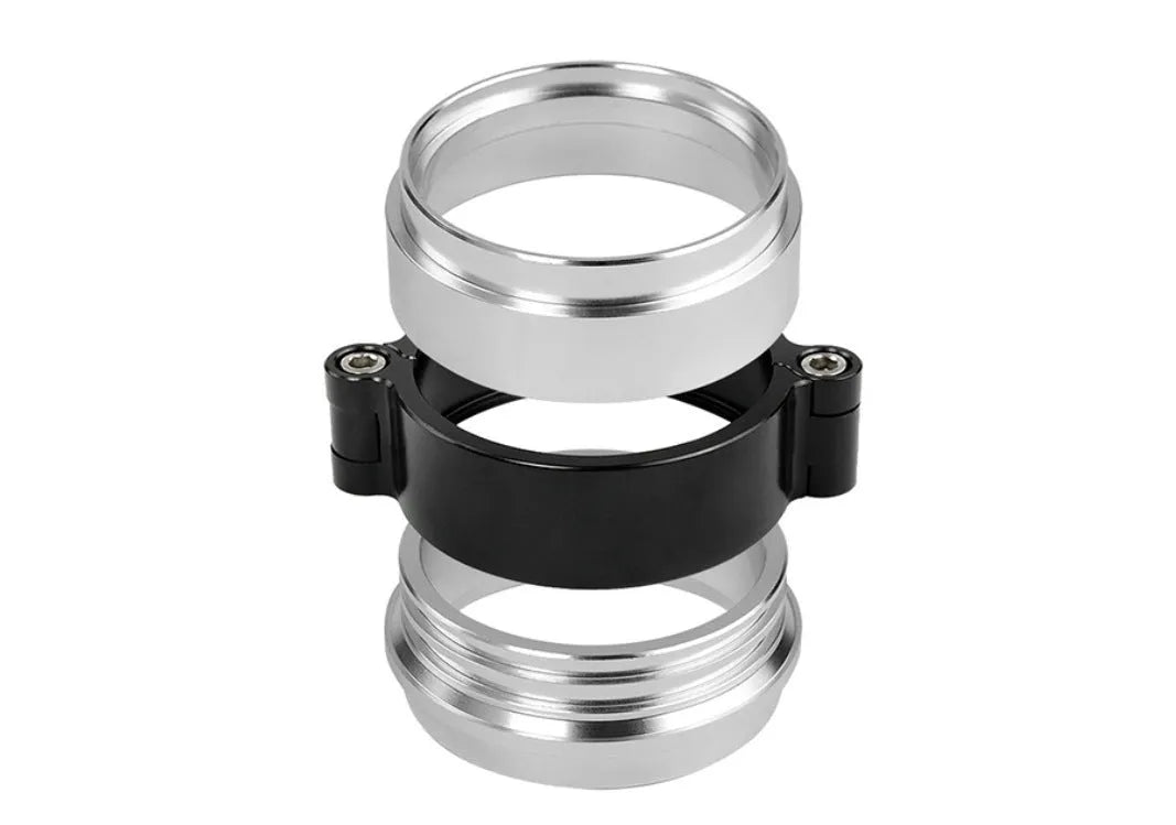 Aluminium fixed movement exhaust clamp for car turbo modification in black, blue, or red.