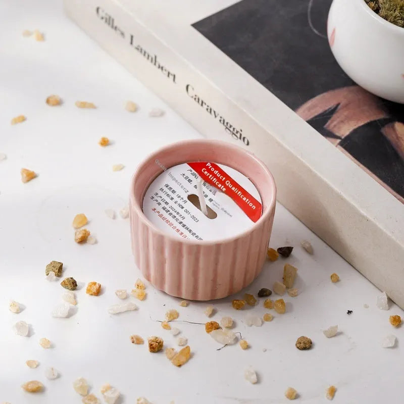 Indoor soy aromatherapy candle in ceramic cup, available in twelve scents and six colours