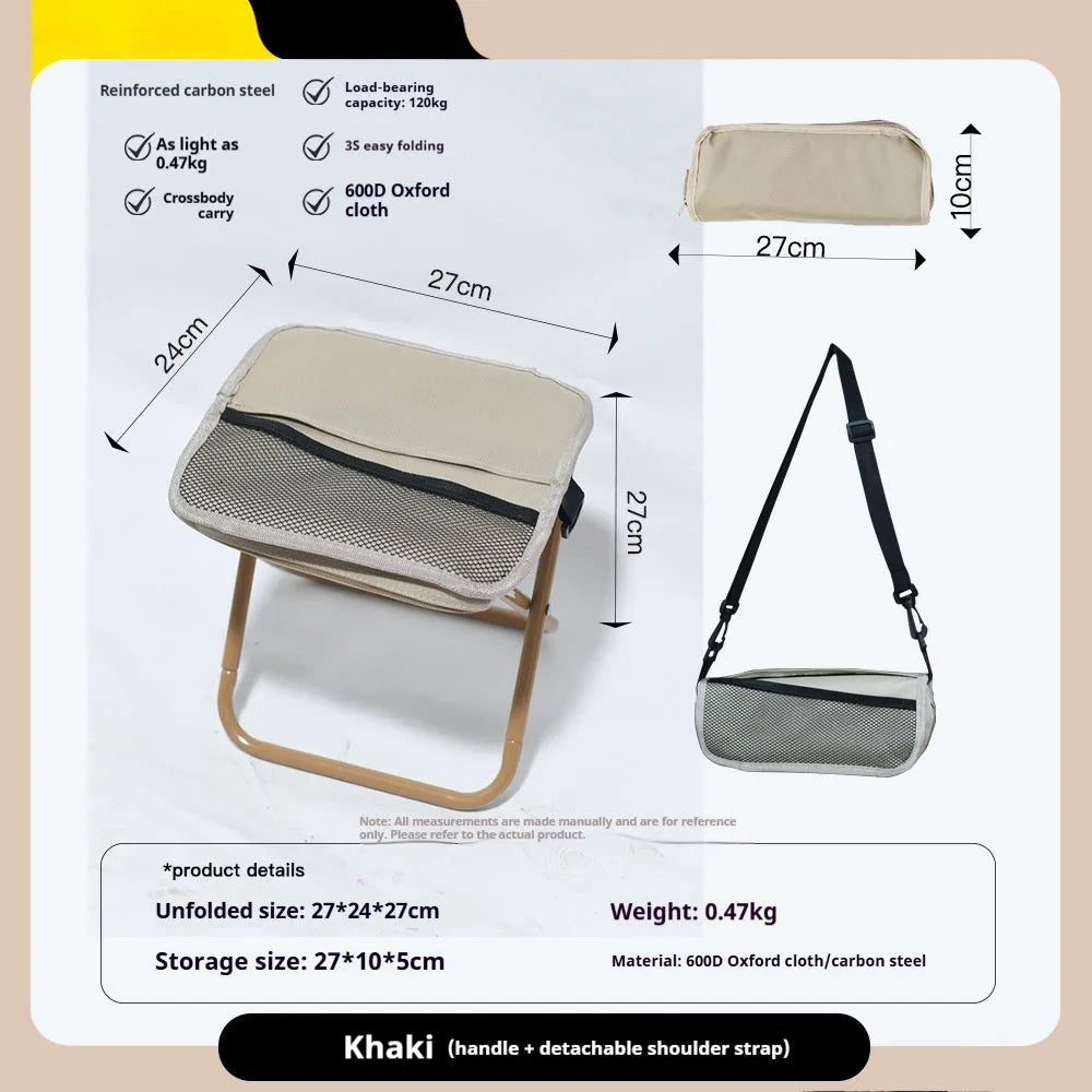 A lightweight foldable camp stool with an Oxford cloth seat, shown in a collapsed pencil box design.