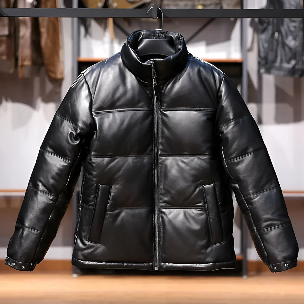 Men's black sheepskin down leather jacket with stand collar and pocket decoration