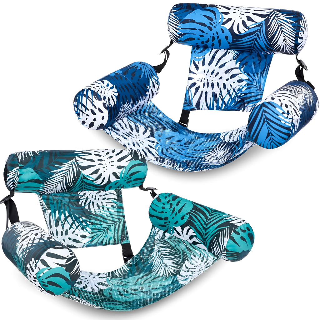 Inflatable floating hammock water chair in blue leaves pattern, ordinary PVC, 76x35x60cm, with hand pump