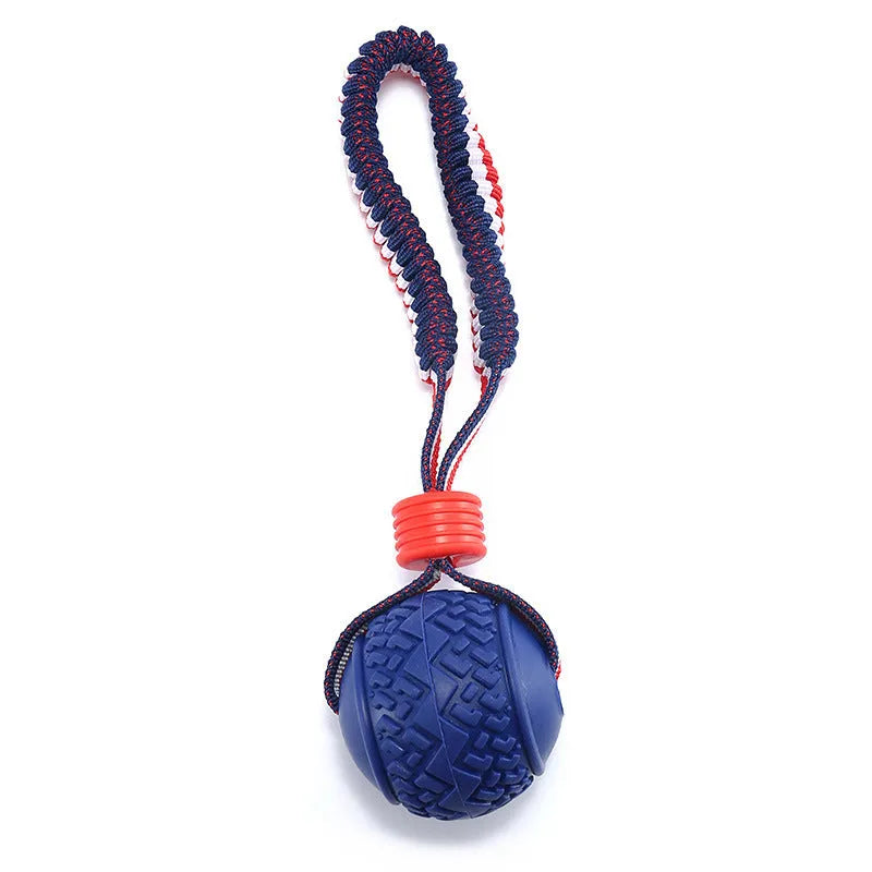 Blue or red natural rubber dog ball with attached rope toy for small and medium breed dogs