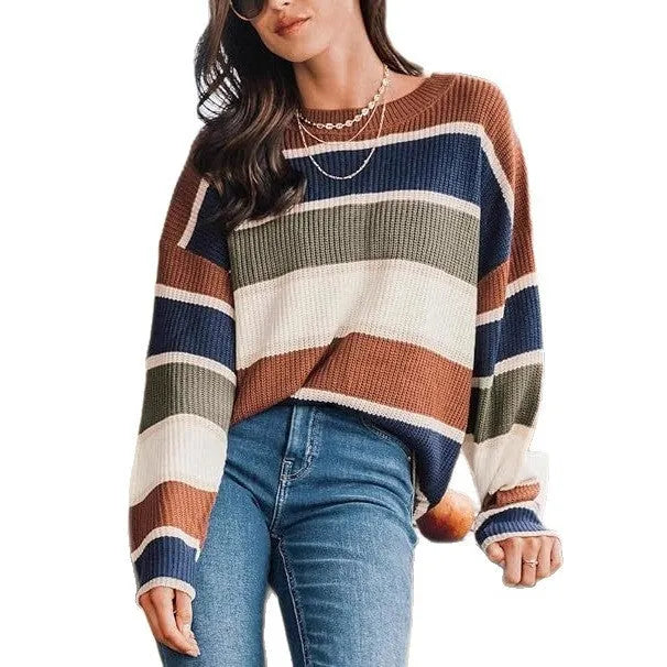 Brown contrast colour knitted sweater female loose fit long sleeve pullover top