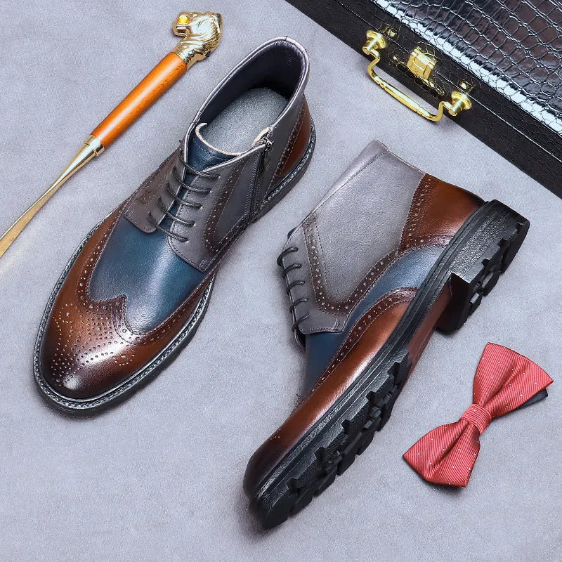 Men's curry blue leather brogue boots with colour blocking and square low heel
