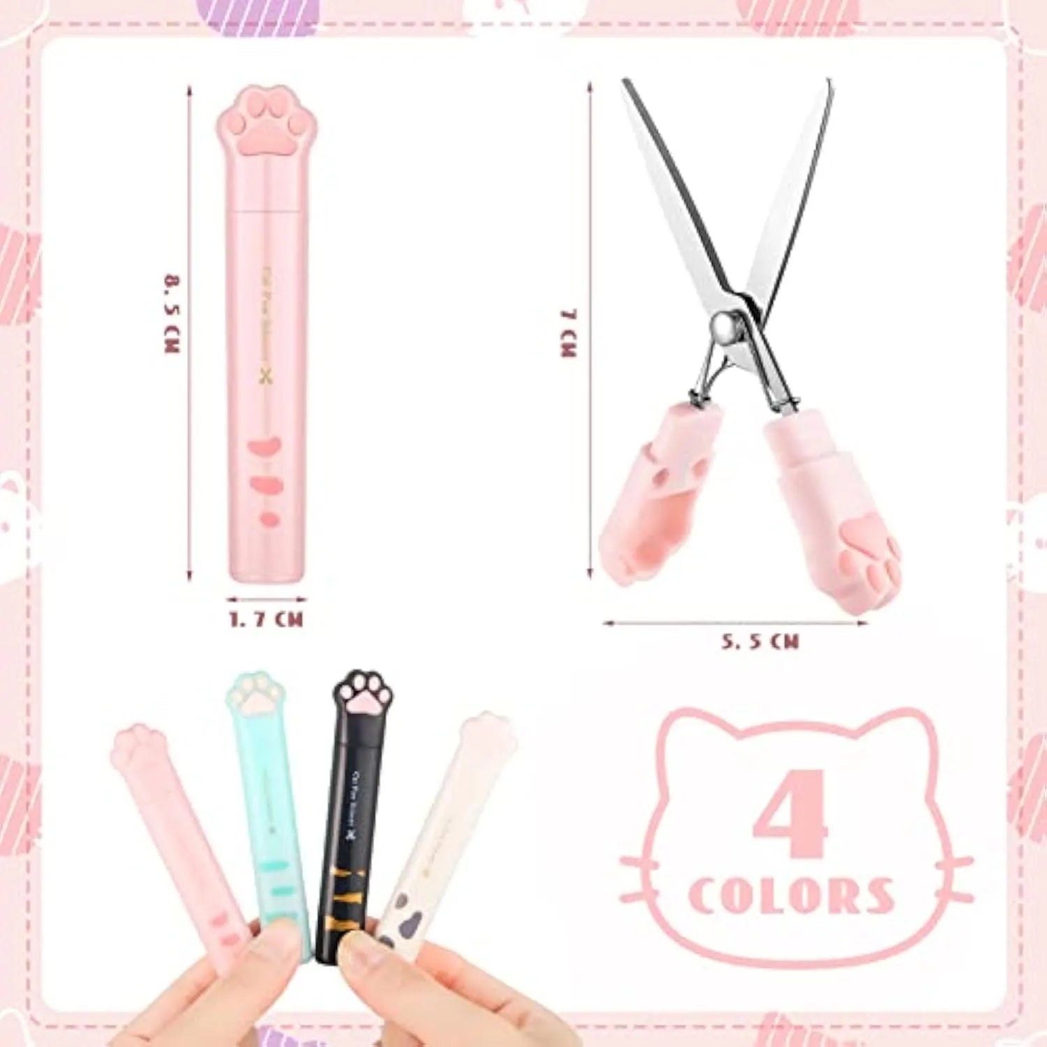Small folding scissors with cat paw handles in pink, white, black, and blue colour options.