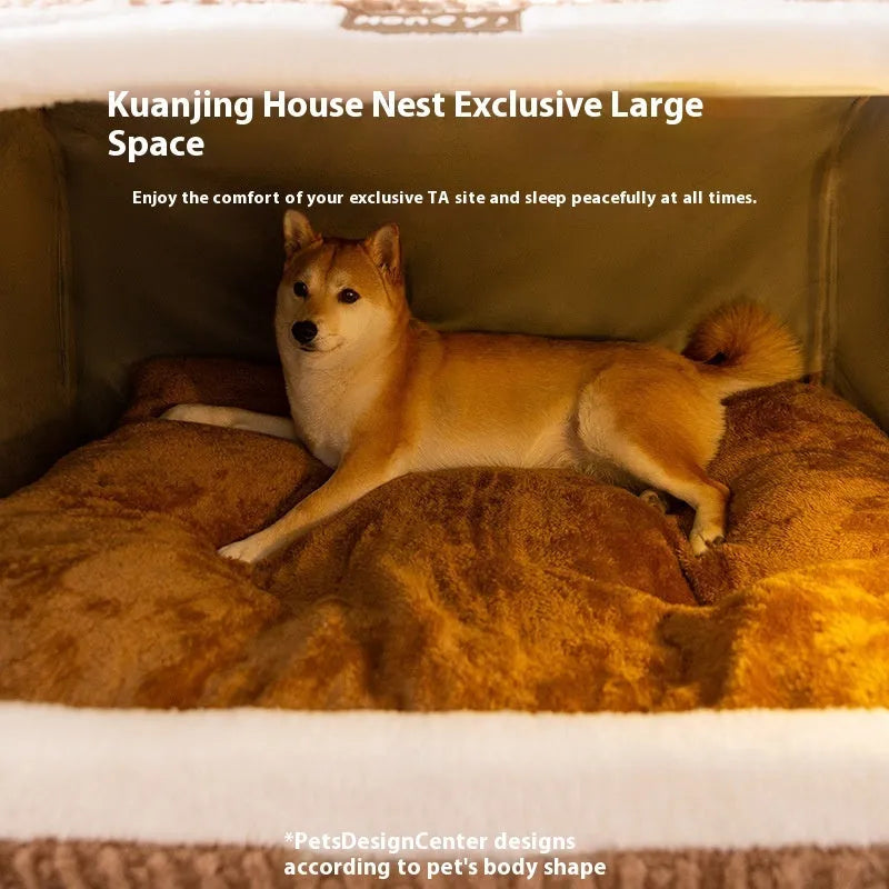 Curved room dog kennel with three-dimensional bear design in brown colour showing enclosed cave sofa style