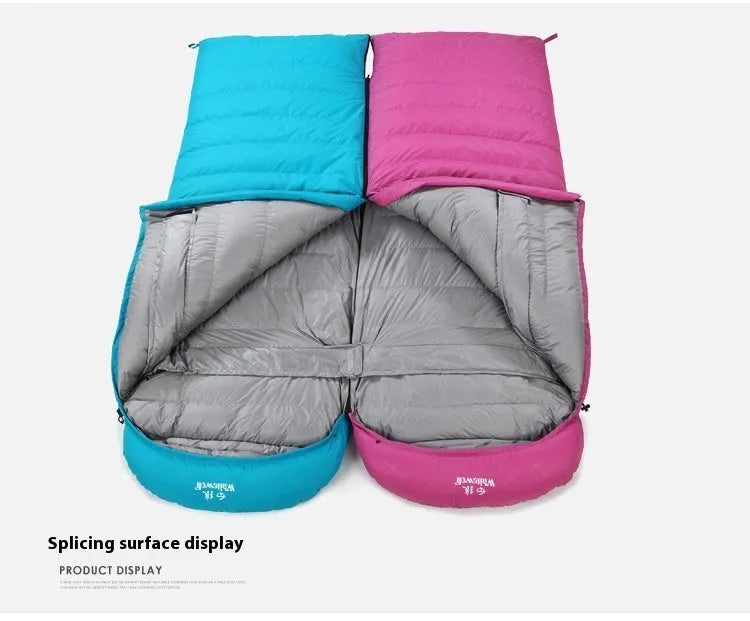 Black outdoor sleeping bag with envelope design, filled with goose down and made from tear-resistant nylon.