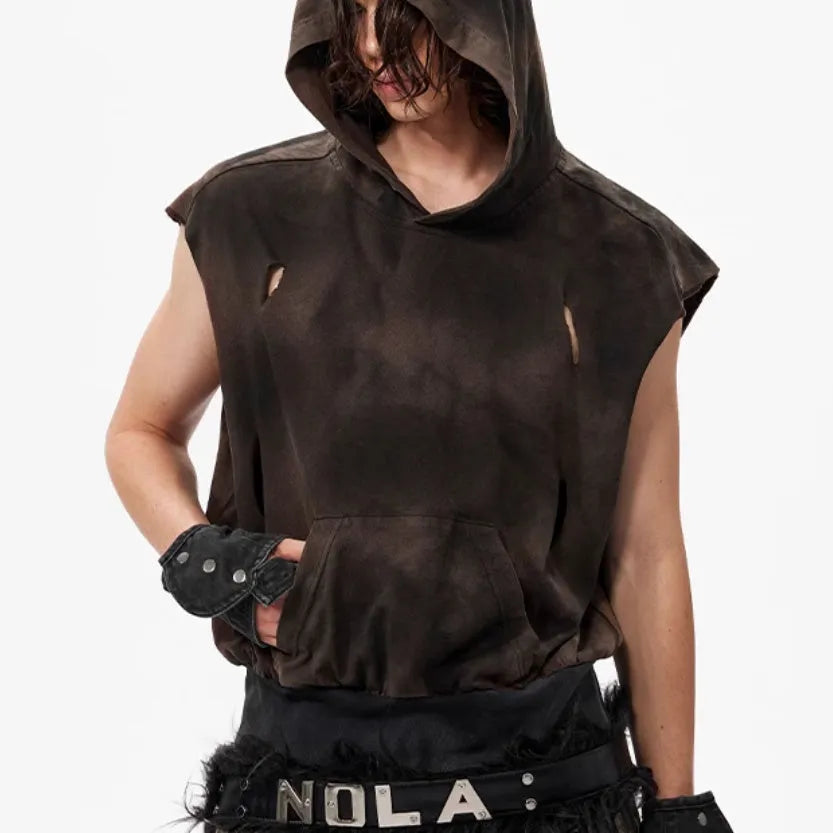 Khaki coloured cotton short hood vest for teenagers on a size chart background.