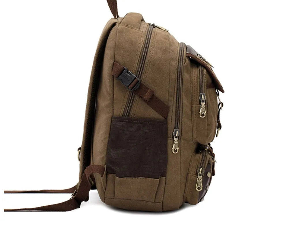 Large canvas travel backpack with air cushion strap in black, 20-35L capacity, front pocket visible