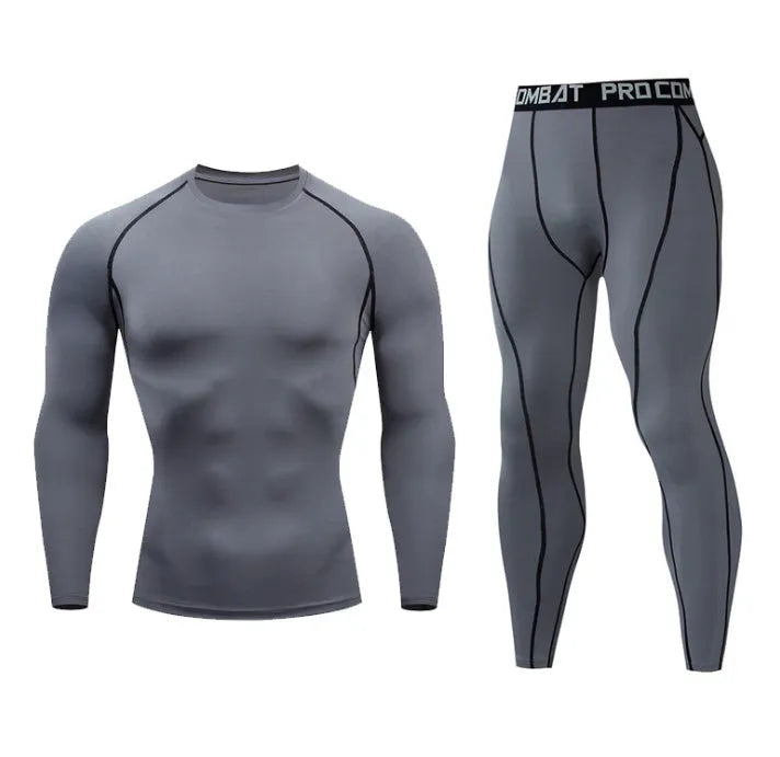 Men's fitness set long-sleeved top and compression tights quick-dry milk silk spandex tight fit round neck