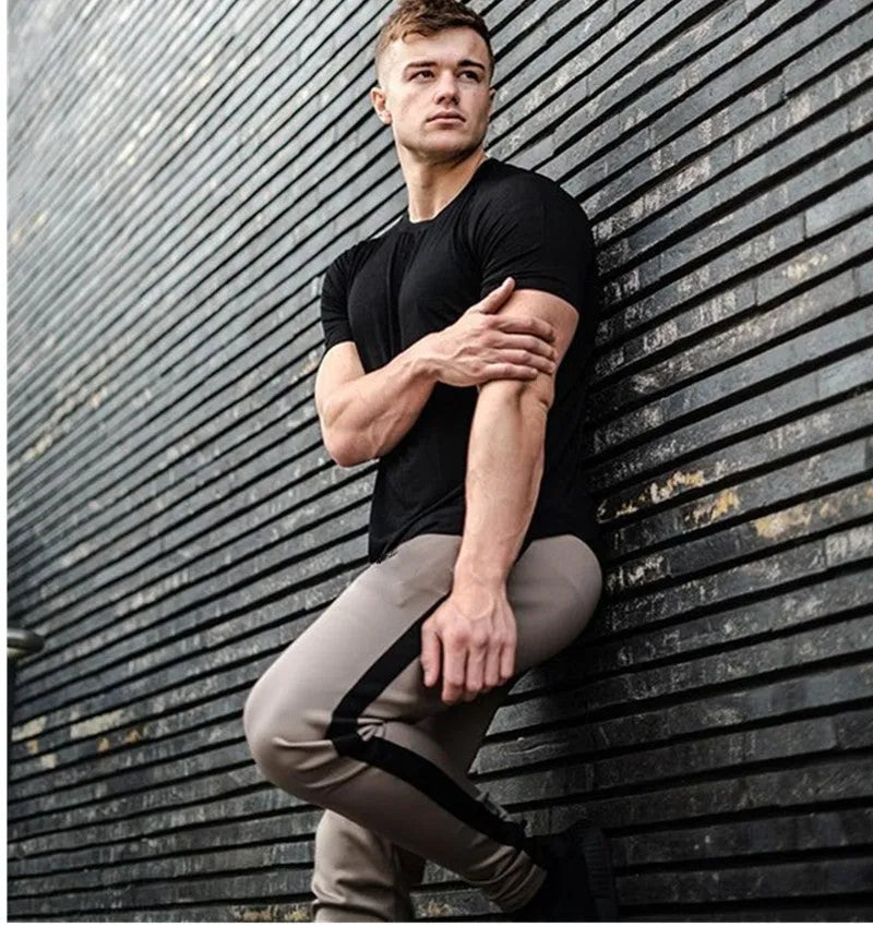 Men's colourblock sweatpants in black red, blue or khaki, polyester blend, Asian sizes L-XXL