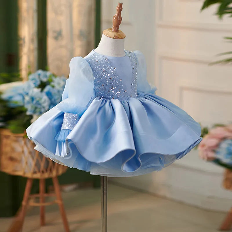 Girls' blue princess party dress with umbrella skirt, polyester blend, height sizes 80cm to 160cm
