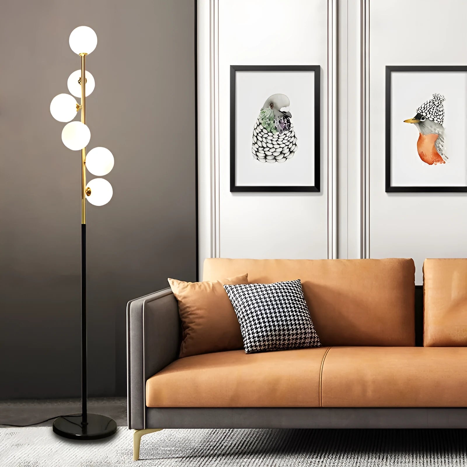Simple iron floor lamp with 8W LED tricolour bulb in black ribbon gold finish