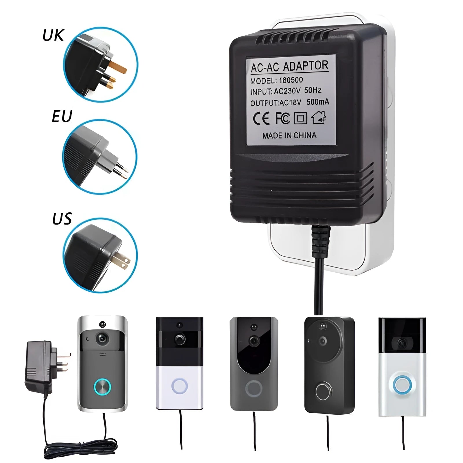 White external power adapter for video doorbell with UK plug and AC 18V output