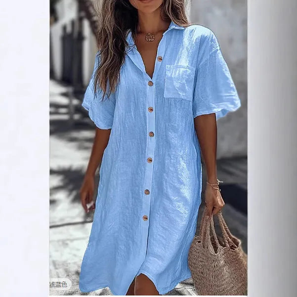 Long button short sleeve shirt in ginger yellow with loose fit and long length