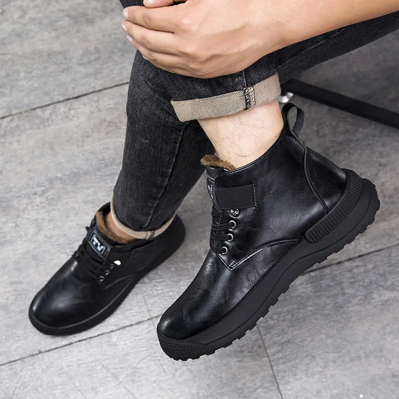 Men's black high-top platform Martin boots with velvet uppers and rubber soles