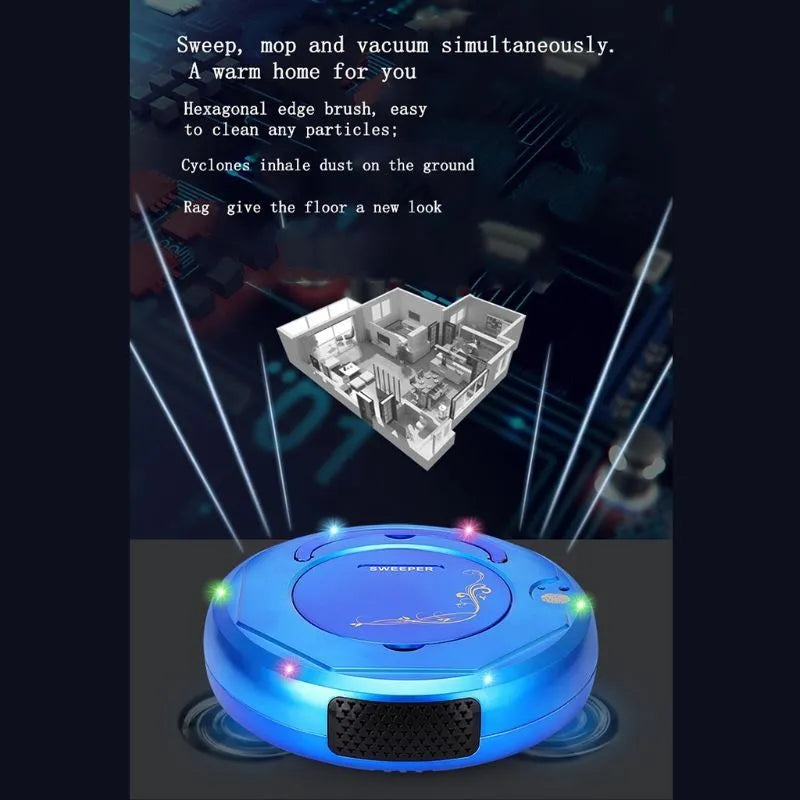 Lazy Smart robotic floor vacuum cleaner in blue, black, or white on a hard floor