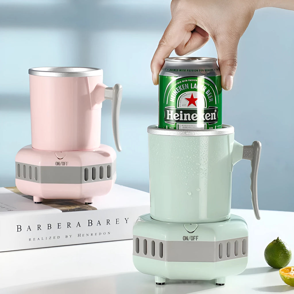 White portable mini cooling cup with aluminium drinking vessel and control base on a desk.