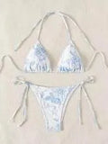Sexy ink painting print halter lace-up bikini set in multicolor for women swimming wading sports, black light blue pink options