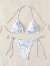 Sexy ink painting print halter lace-up bikini set in multicolor for women swimming wading sports, black light blue pink options