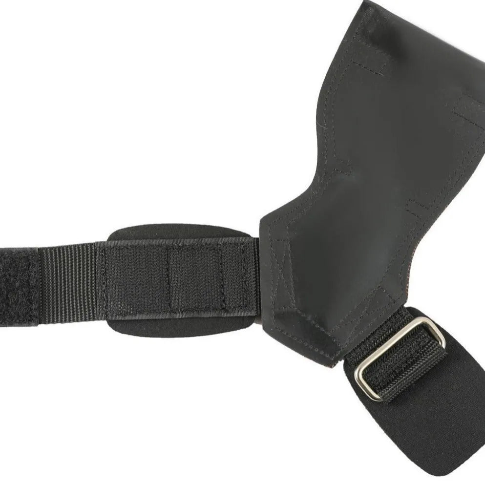 Black rubber palm protector with an assist strap for weightlifting and rock climbing.