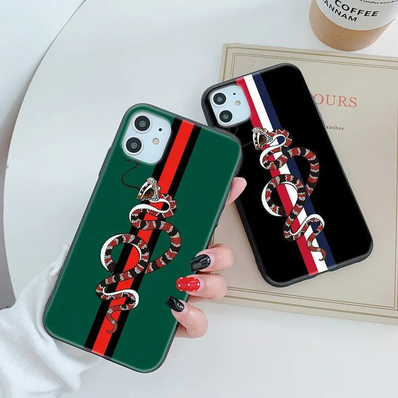 Black frosted iPhone case with cartoon snake design on back, slim TPU construction