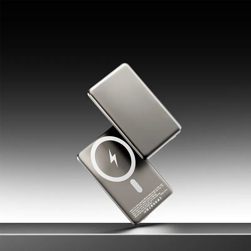 Gun grey magnetic wireless power bank showing slim 9mm profile and compact design