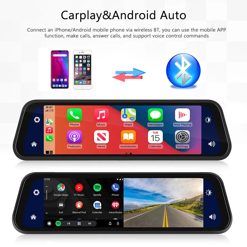 9.66-inch in-mirror car dash cam and video player displayed with mounting bracket and accessories